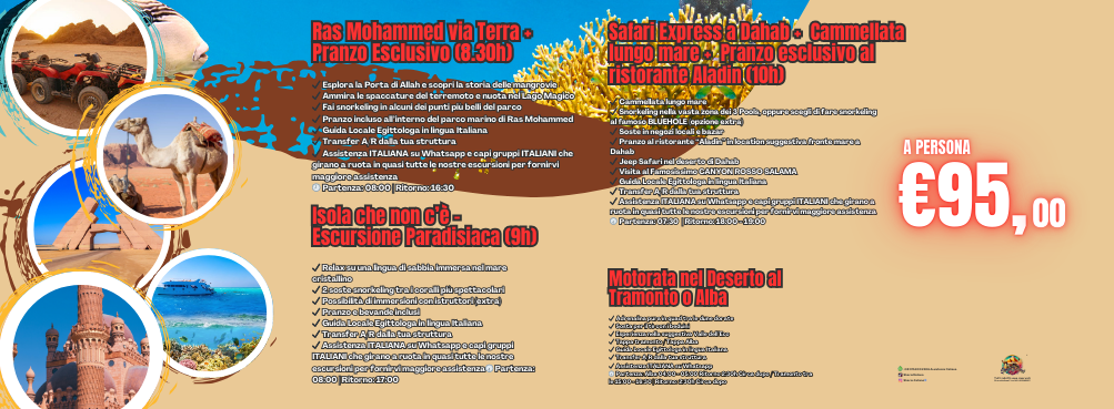 pacchetto escursioni 95€ ras moahmmed, motorata nel deserto, safari express a dahab, isola che non c'è